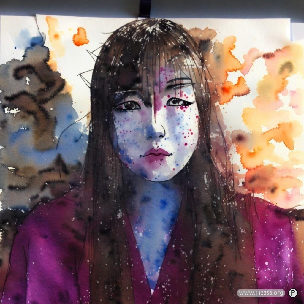 Malowany akwarelą portret twarzy w stylu gejszy, z rozlanymi plamami farby w tle