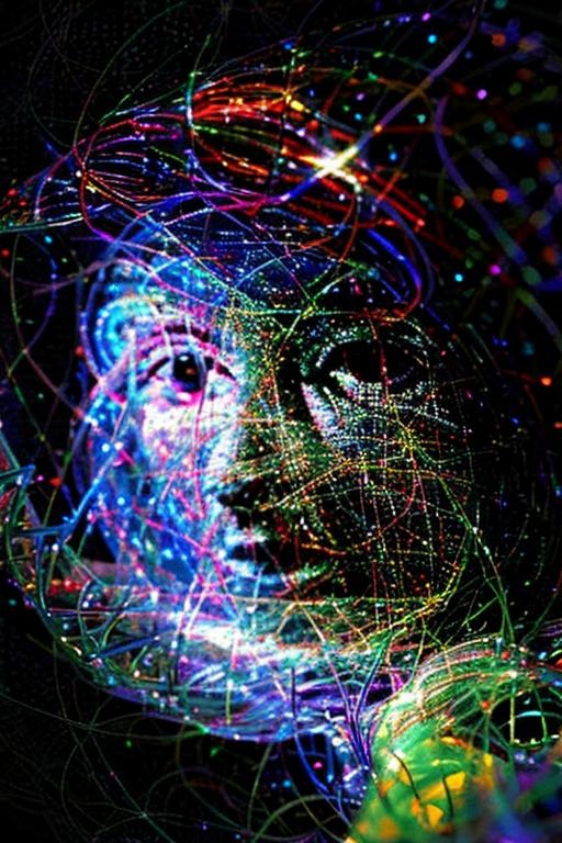 Abstrakcyjny portret twarzy utworzony z kolorowych, świecących nici i punktów światła