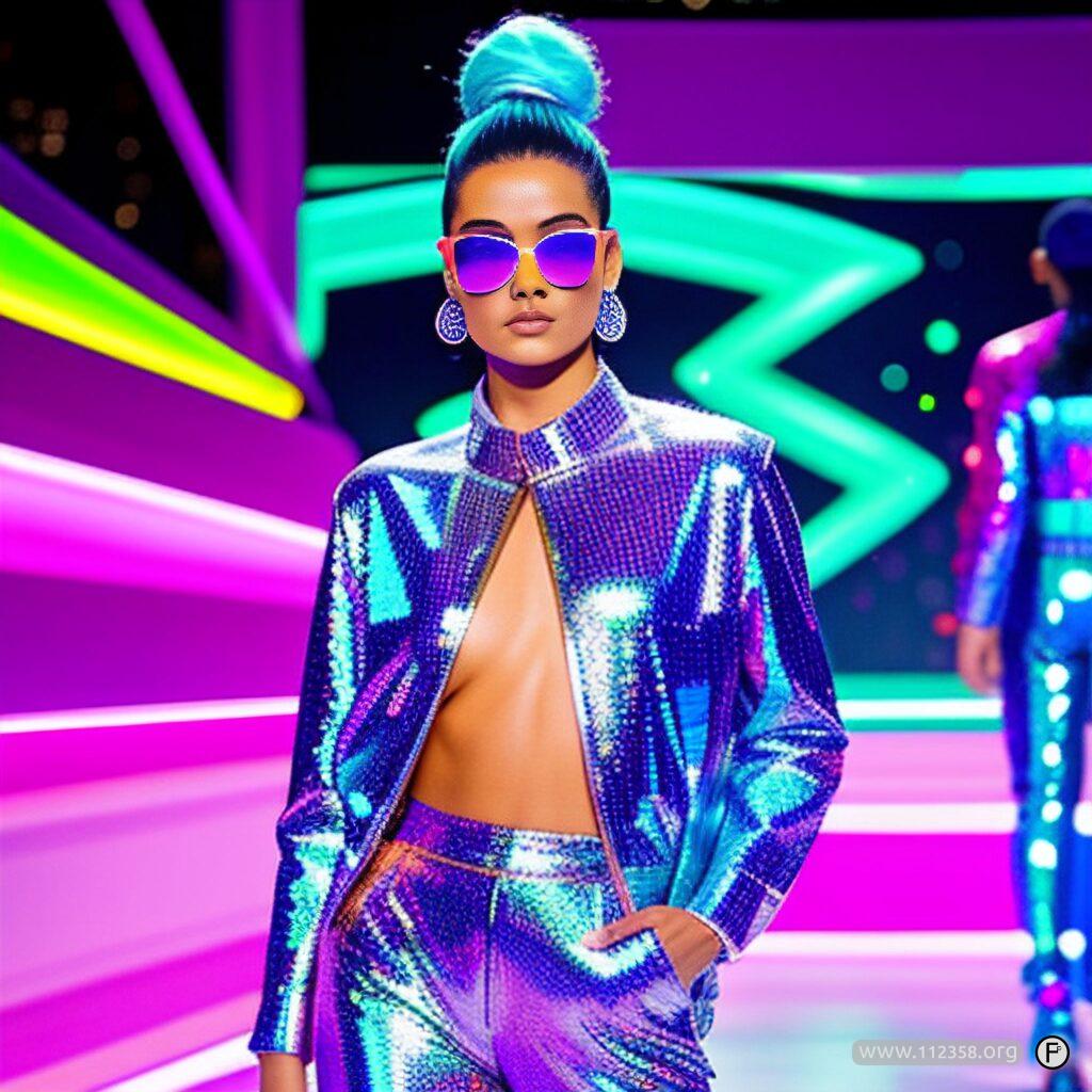 Modelka na wybiegu w holograficznym, fioletowo-niebieskim stroju, z lustrzanymi okularami i upiętymi włosami